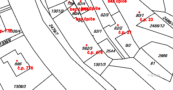 Luhačovice 476 na parcele st. 592/3 v KÚ Luhačovice, Katastrální mapa
