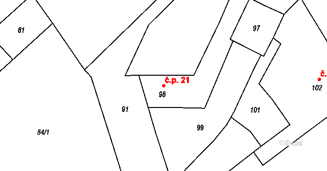 Chuchelná 21 na parcele st. 98 v KÚ Chuchelná, Katastrální mapa