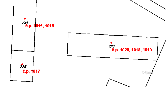Kralupy nad Vltavou 1018,1019,1020 na parcele st. 727 v KÚ Kralupy nad Vltavou, Katastrální mapa