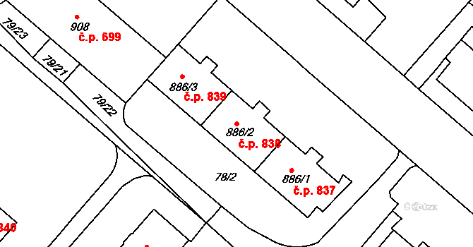 Neratovice 838 na parcele st. 886/2 v KÚ Neratovice, Katastrální mapa