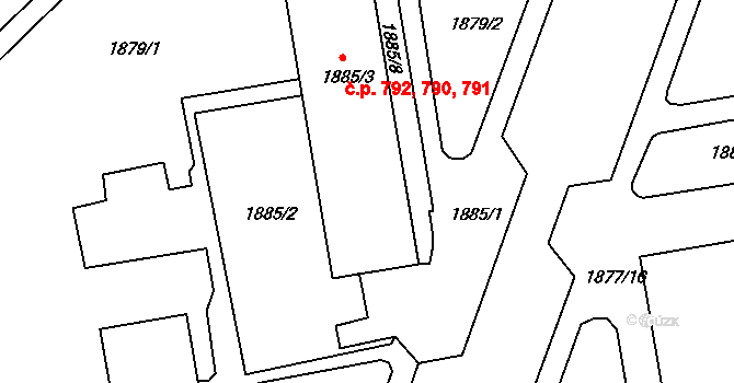 Pražské Předměstí 790,791,792, Jaroměř na parcele st. 1885/3 v KÚ Jaroměř, Katastrální mapa