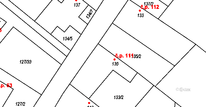 Hlavečník 111 na parcele st. 130 v KÚ Hlavečník, Katastrální mapa
