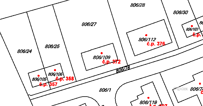 Těchov 372, Blansko na parcele st. 806/109 v KÚ Těchov, Katastrální mapa