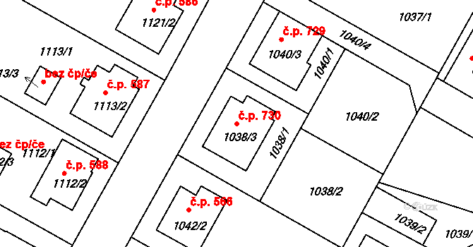 Kamenice nad Lipou 730 na parcele st. 1038/3 v KÚ Kamenice nad Lipou, Katastrální mapa