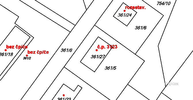 Milovice 3123 na parcele st. 361/27 v KÚ Milovice nad Labem, Katastrální mapa