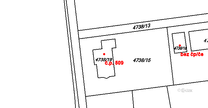 Lískovec 509, Frýdek-Místek na parcele st. 4738/19 v KÚ Lískovec u Frýdku-Místku, Katastrální mapa