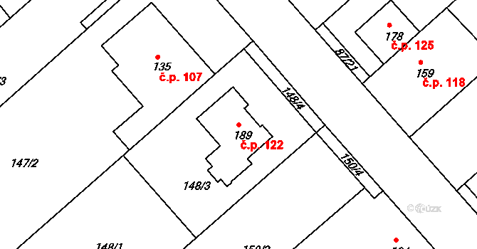 Šelešovice 122 na parcele st. 189 v KÚ Šelešovice, Katastrální mapa