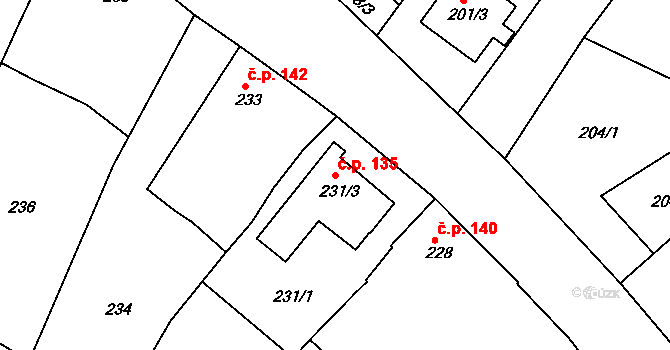 Oleksovice 135 na parcele st. 231/3 v KÚ Oleksovice, Katastrální mapa