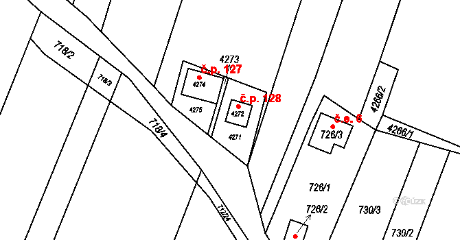 Těšetice 128 na parcele st. 4272 v KÚ Těšetice u Znojma, Katastrální mapa