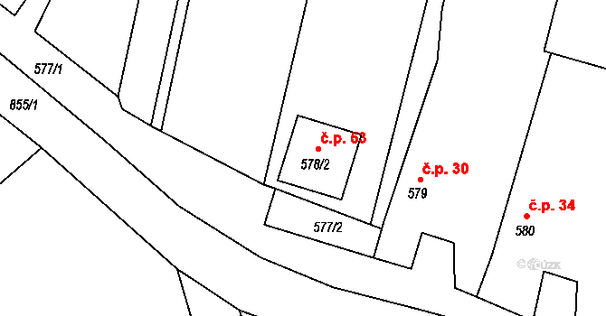 Malešice 53, Dříteň na parcele st. 578/2 v KÚ Chvalešovice, Katastrální mapa