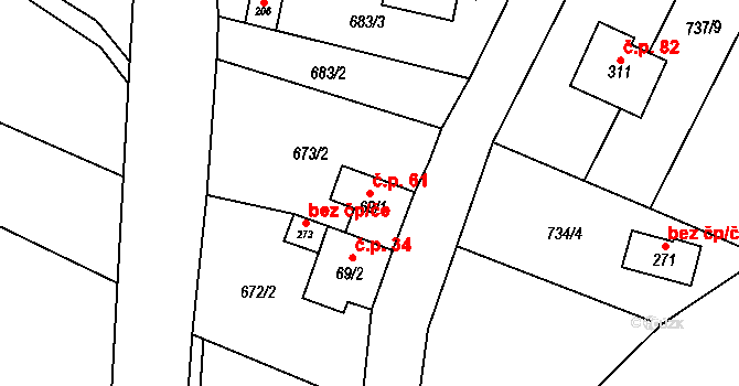 Heroltice 61 na parcele st. 69/1 v KÚ Heroltice u Tišnova, Katastrální mapa