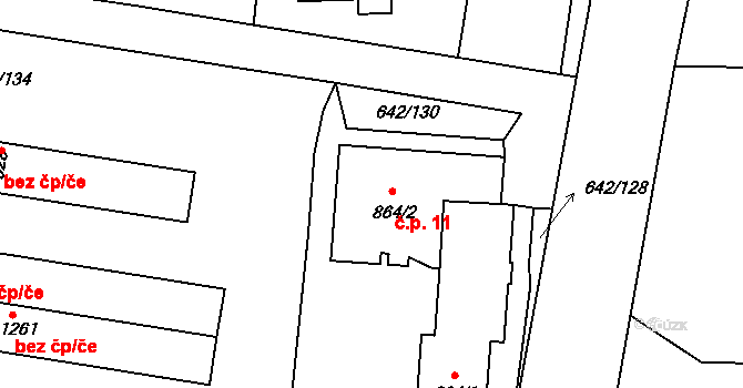 Kamenice 11 na parcele st. 864/2 v KÚ Těptín, Katastrální mapa