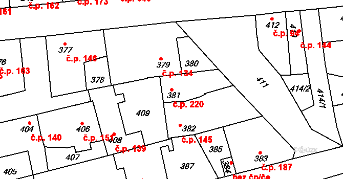 Švermov 220, Kladno na parcele st. 381 v KÚ Motyčín, Katastrální mapa