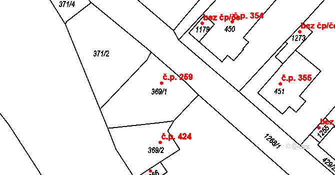 Hejnice 259 na parcele st. 369/1 v KÚ Hejnice, Katastrální mapa