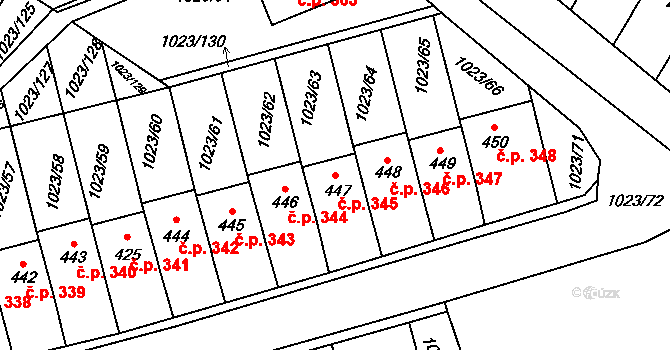 Lomnice 345 na parcele st. 447 v KÚ Lomnice u Tišnova, Katastrální mapa