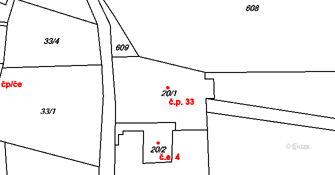 Horní Chobolice 33, Liběšice na parcele st. 20/1 v KÚ Horní Chobolice, Katastrální mapa