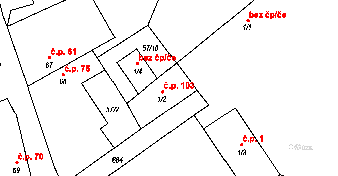 Střezimíř 103 na parcele st. 1/2 v KÚ Střezimíř, Katastrální mapa