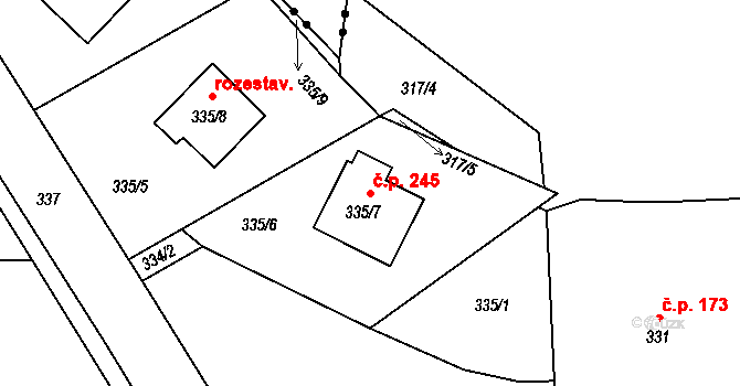 Radonice 245 na parcele st. 335/7 v KÚ Radonice u Kadaně, Katastrální mapa