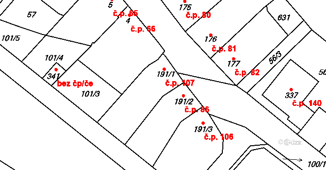 Unčovice 107, Litovel na parcele st. 191/1 v KÚ Unčovice, Katastrální mapa