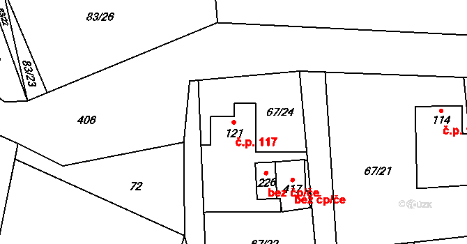 Mezouň 117 na parcele st. 121 v KÚ Mezouň, Katastrální mapa