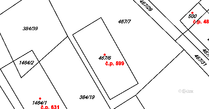 Veltrusy 599 na parcele st. 467/6 v KÚ Veltrusy, Katastrální mapa