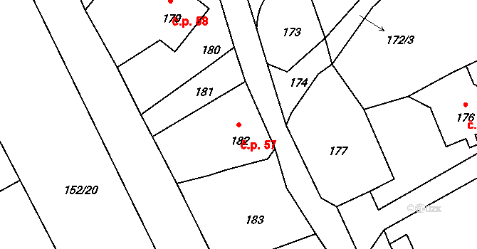 Dolní Libchava 57, Česká Lípa na parcele st. 182 v KÚ Dolní Libchava, Katastrální mapa