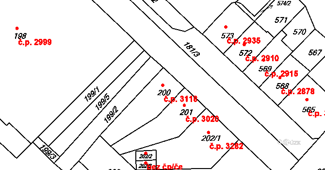 Chomutov 3118 na parcele st. 200 v KÚ Chomutov II, Katastrální mapa