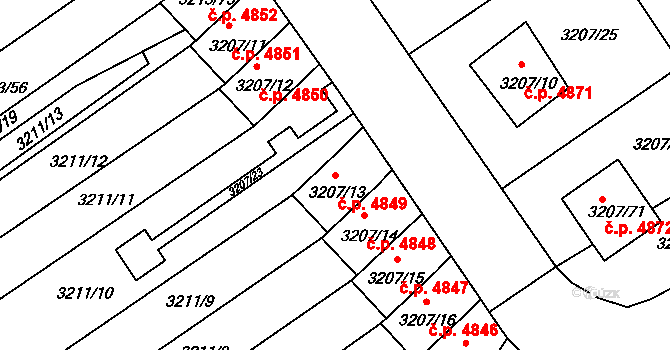 Chomutov 4849 na parcele st. 3207/13 v KÚ Chomutov II, Katastrální mapa