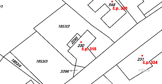 Filipka 315, Oldřichov v Hájích na parcele st. 230 v KÚ Oldřichov v Hájích, Katastrální mapa
