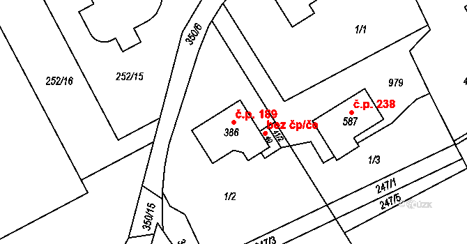 Popovice 189, Králův Dvůr na parcele st. 386 v KÚ Popovice u Králova Dvora, Katastrální mapa
