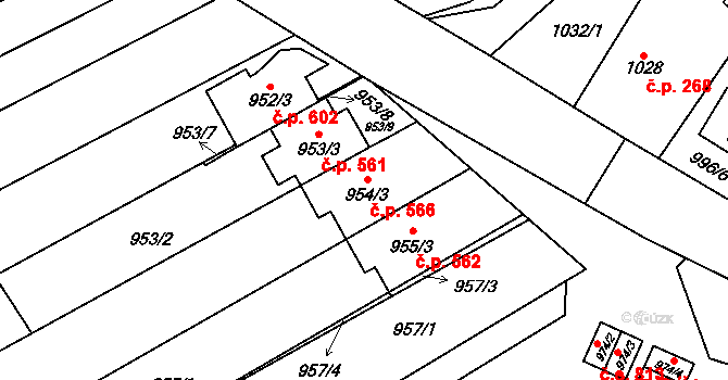 Medlánky 566, Brno na parcele st. 954/3 v KÚ Medlánky, Katastrální mapa