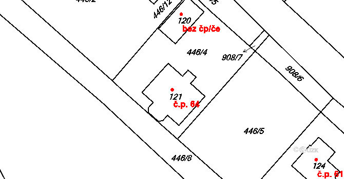 Mokrouše 64 na parcele st. 121 v KÚ Mokrouše, Katastrální mapa