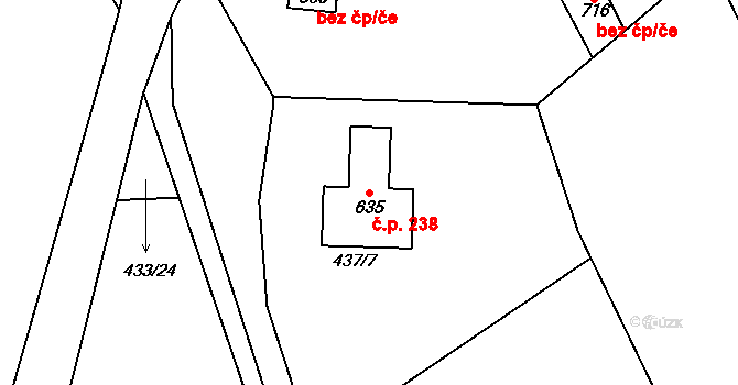 Hrdlořezy 238 na parcele st. 635 v KÚ Hrdlořezy u Mladé Boleslavi, Katastrální mapa