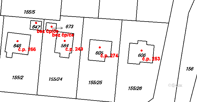 Chocerady 274 na parcele st. 605 v KÚ Chocerady, Katastrální mapa