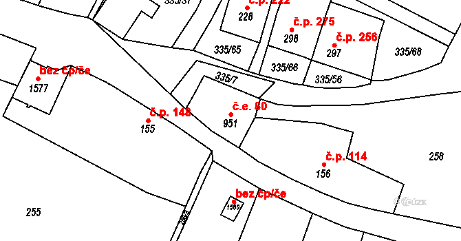 Vranov nad Dyjí 80 na parcele st. 951 v KÚ Vranov nad Dyjí, Katastrální mapa