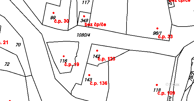 Prčice 123, Sedlec-Prčice na parcele st. 142 v KÚ Prčice, Katastrální mapa
