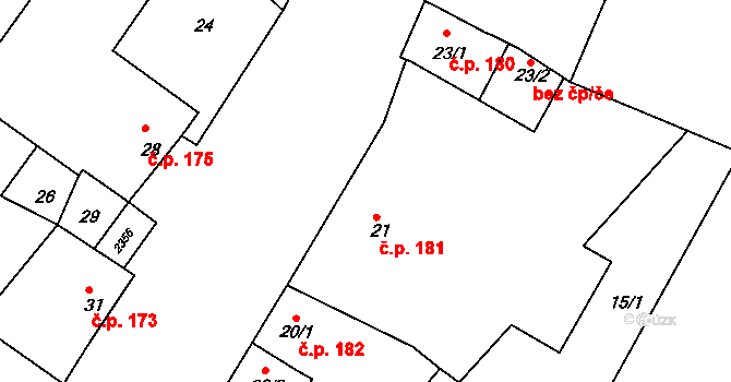 Křižanov 181 na parcele st. 21 v KÚ Křižanov, Katastrální mapa