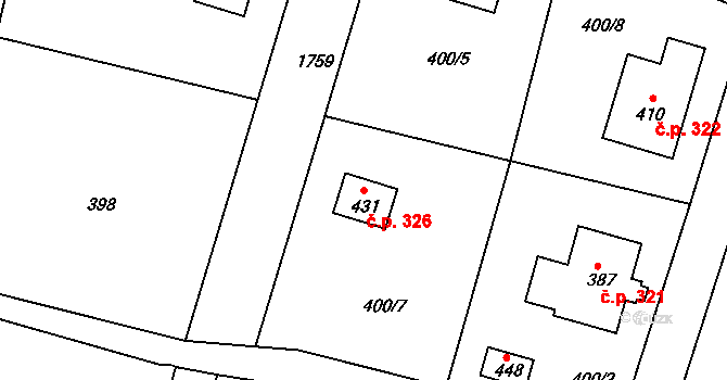 Jiřetín pod Jedlovou 326 na parcele st. 431 v KÚ Jiřetín pod Jedlovou, Katastrální mapa