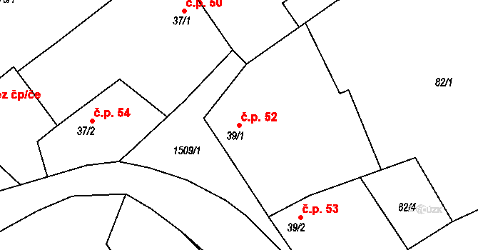 Rosice 52 na parcele st. 39/1 v KÚ Rosice u Chrasti, Katastrální mapa