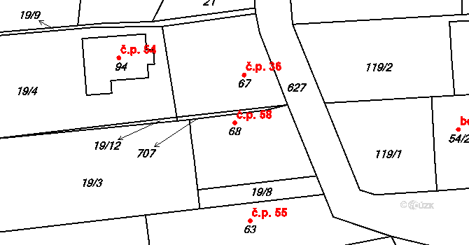 Rožnov 58 na parcele st. 68 v KÚ Rožnov, Katastrální mapa