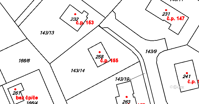 Tuchoraz 155 na parcele st. 258 v KÚ Tuchoraz, Katastrální mapa