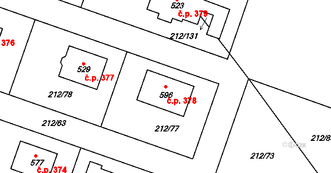 Všeruby 378 na parcele st. 596 v KÚ Všeruby u Plzně, Katastrální mapa
