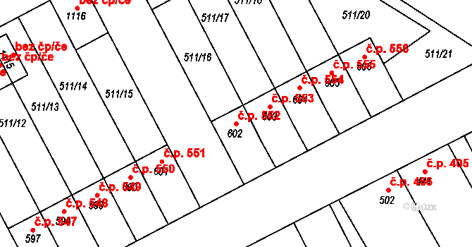 Kryry 552 na parcele st. 602 v KÚ Kryry, Katastrální mapa