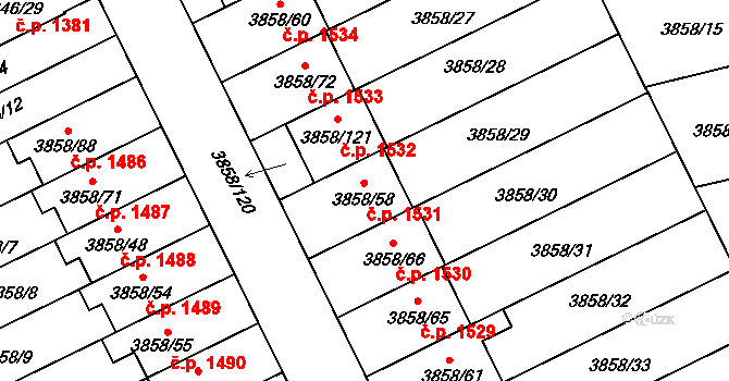 Chotěboř 1531 na parcele st. 3858/58 v KÚ Chotěboř, Katastrální mapa