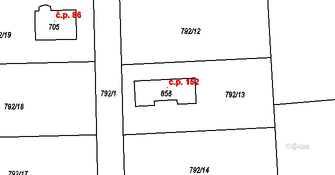 Halouny 152, Svinaře na parcele st. 858 v KÚ Svinaře, Katastrální mapa