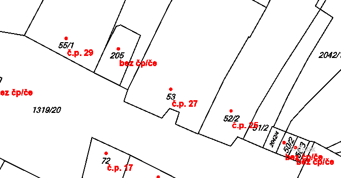 Křídlůvky 27 na parcele st. 53 v KÚ Křídlůvky, Katastrální mapa