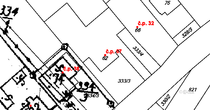 Tupec 67, Veselíčko na parcele st. 62 v KÚ Tupec, Katastrální mapa