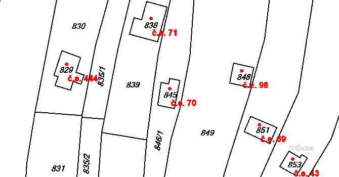 Popůvky 70 na parcele st. 845 v KÚ Popůvky u Brna, Katastrální mapa