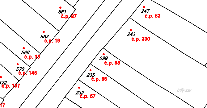 Milokošť 55, Veselí nad Moravou na parcele st. 239 v KÚ Milokošť, Katastrální mapa