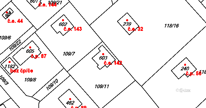 Javorník 142, Čtyřkoly na parcele st. 603 v KÚ Čtyřkoly, Katastrální mapa